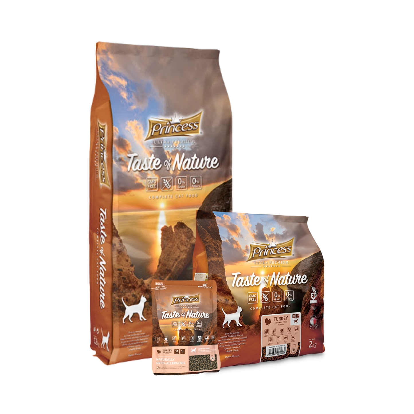 Princess Taste of Nature суха храна за котки -0,350 кг/2кг.Беззърнена формула с пуешко месо, сладки картофи и грах.