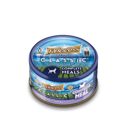 Котешкa консерва- 170 гр. Princess Classic Complete – ПИЛЕ И РИБА ТОН С КОЗЕ МЛЯКО В СОС