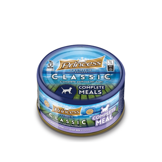 Котешкa консерва- 170 гр. Princess Classic Complete – ПИЛЕ И РИБА ТОН С КОЗЕ МЛЯКО В СОС