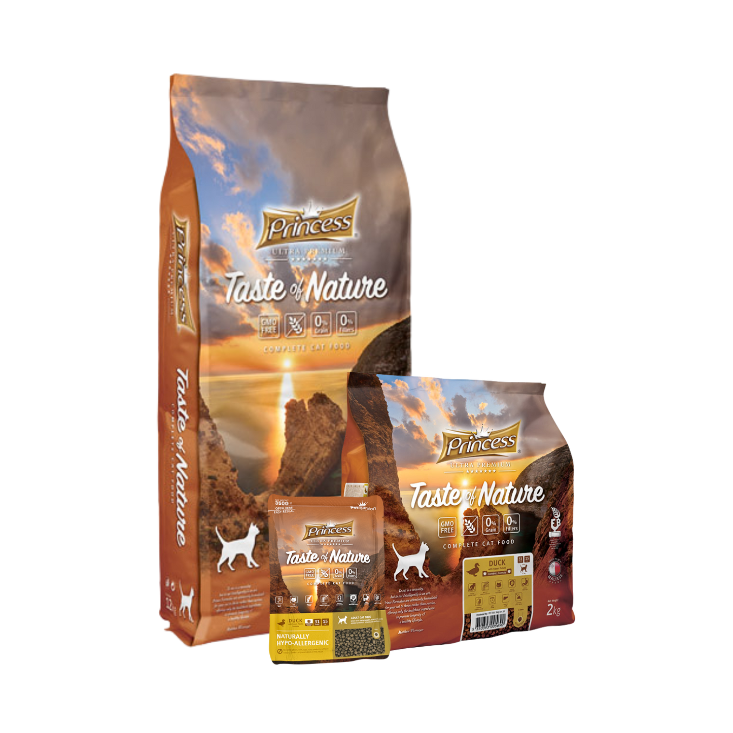 Princess Taste of Nature DUCK Hairball суха храна за котки -  0.350гр./2 кг.Беззърнена формула с патешко месо и сладки картофи. Вкусна и лесно смилаема. Укрепва имунната система и поддържа черния дроб здрав.