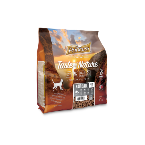 Princess Premium Hairball Formula, суха храна за котки със сьомга- 2кг. Беззърнена формула срещу космени топки. Подомагаща за здрави кости и мускули. Укрепва имунната система и поддържа здравето на черния дроб.