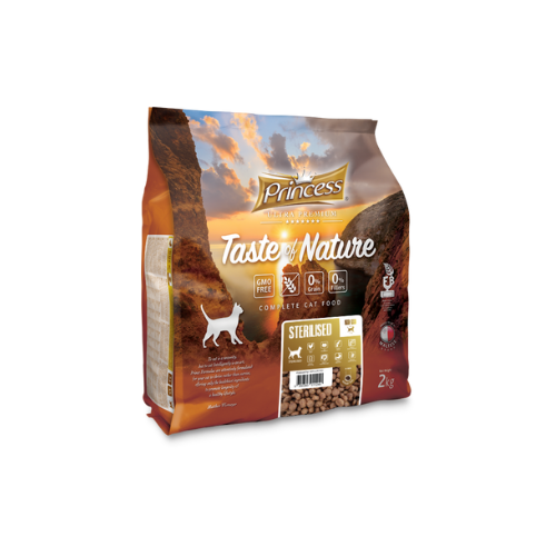 PRINCESS TASTE OF NATURE Sterilized (White Meat)  суха храна за котки с бяло пилешко месо 2кг.Беззърнена формула отговарящи на хранителните нужди на кастрирани котки с наднормено тегло и котки, отглеждани на закрито.