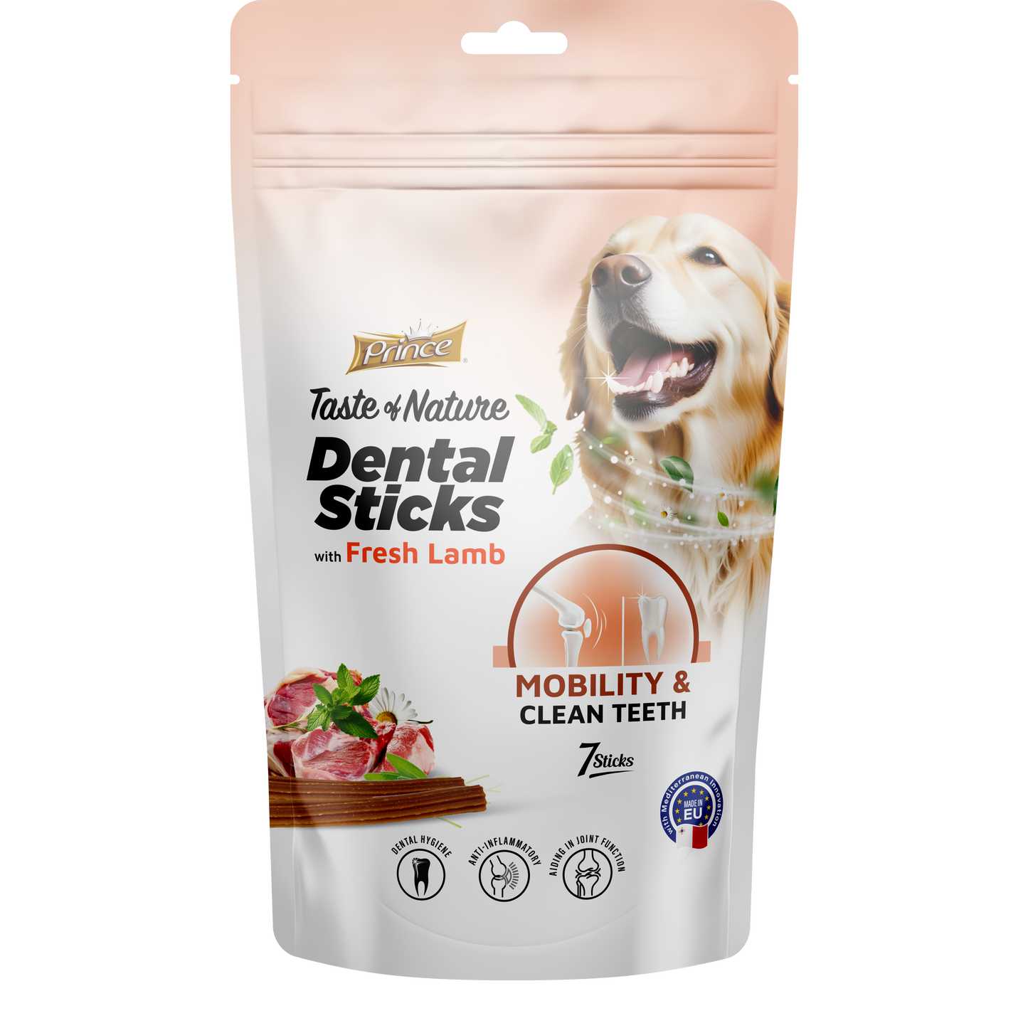Дентални пръчки с прясно ангешко за мобилност за кучета /7бр/ PRINCE DENTAL STICK - Mobility with Fresh Lamb