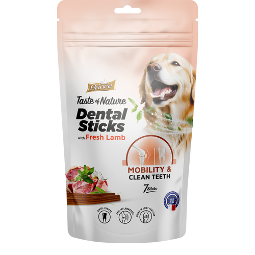 Дентални пръчки с прясно ангешко за мобилност за кучета /7бр/ PRINCE DENTAL STICK - Mobility with Fresh Lamb