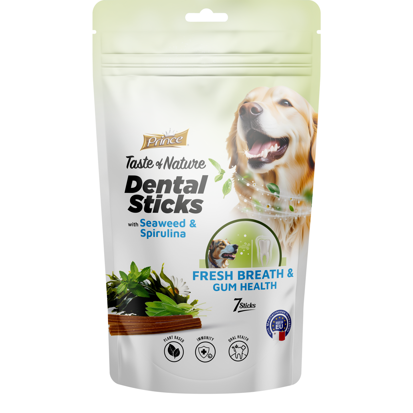 Дентални пръчки с морски водорасли и спирулина за свеж дъх и здрави зъби за кучета /7бр/ PRINCE DENTAL STICK - Fresh Breath with Seaweed