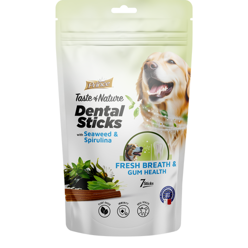 Дентални пръчки с морски водорасли и спирулина за свеж дъх и здрави зъби за кучета /7бр/ PRINCE DENTAL STICK - Fresh Breath with Seaweed