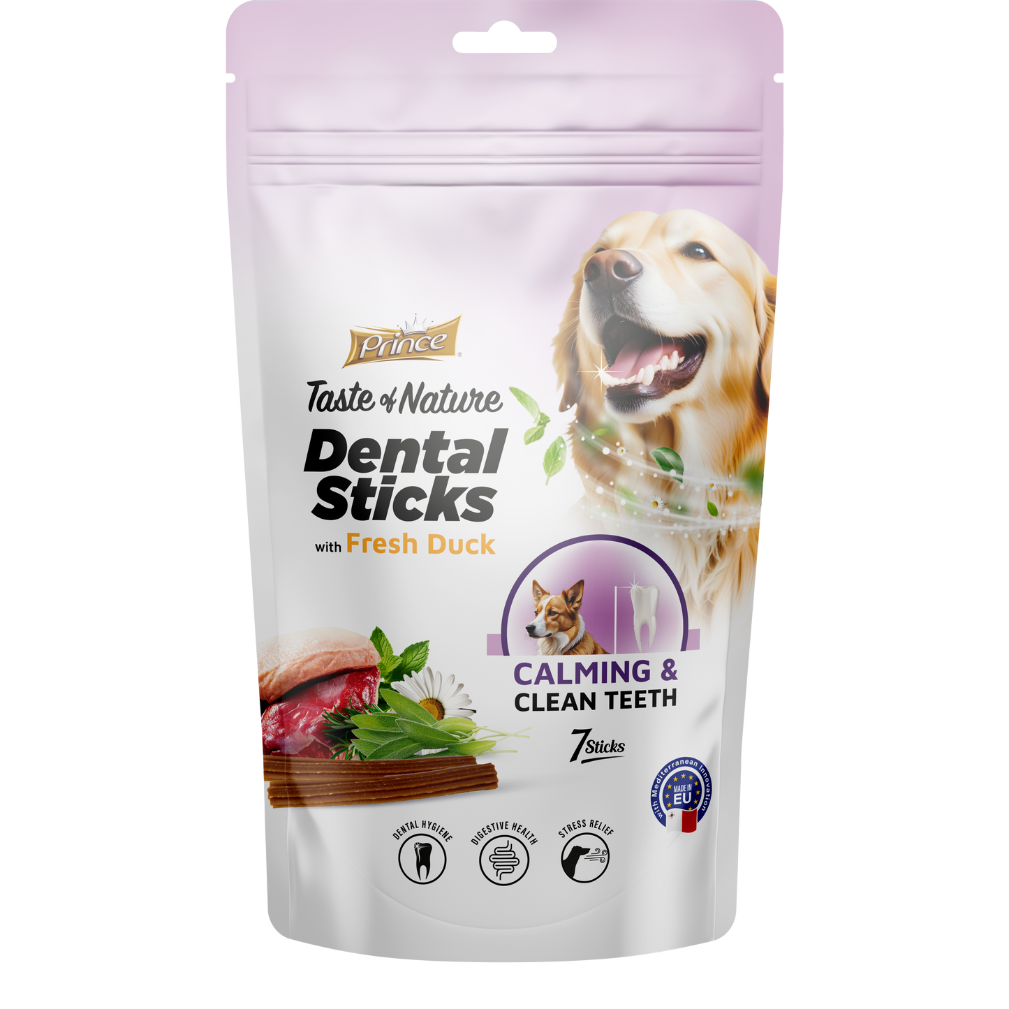 Дентални пръчки с прясно патешко и успокояващ ефект за кучета /7бр/ PRINCE DENTAL STICK - Calming with Fresh Duck