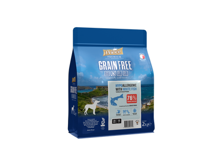 Хипоалергенна гранула за кучета с бяла риба, пуешко и сладък картоф, без зърно и глутен PRINCE GRAIN FREE Hypo Fish & Turkey 2kg/12kg - за средни и едри породи