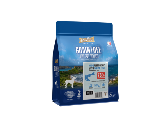 Хипоалергенна гранула за кучета с бяла риба, пуешко и сладък картоф, без зърно и глутен PRINCE GRAIN FREE Hypo Fish & Turkey 2kg/12kg - за средни и едри породи