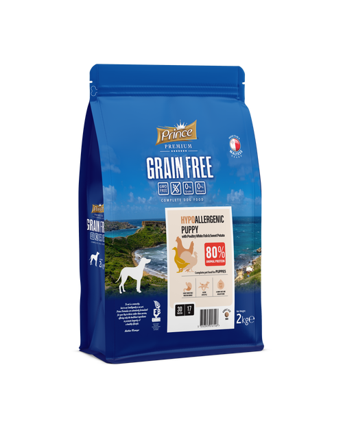 Хипоалергенни гранули за малки кученца с птиче месо, бяла риба и сладки картофи, без зърно и без глутен PRINCE GRAIN FREE Hypo Puppy 2kg