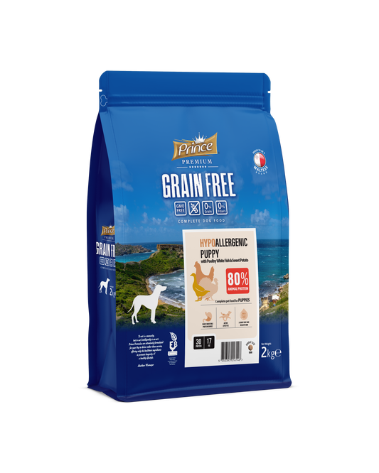 Хипоалергенни гранули за малки кученца с птиче месо, бяла риба и сладки картофи, без зърно и без глутен PRINCE GRAIN FREE Hypo Puppy 2kg