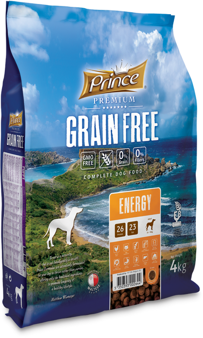 Беззърнени гранули за енергия с пилешко и сьомга за кучета PRINCE GRAIN FREE Energy 4kg/12kg - за средни и големи породи