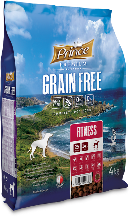 Беззърнени фитнес гранули с пилешко и сьомга за кучета PRINCE GRAIN FREE Fitness 4kg/12kg - за средни и едри породи