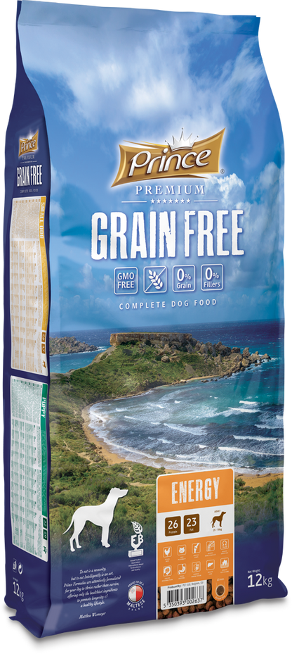 Беззърнени гранули за енергия с пилешко и сьомга за кучета PRINCE GRAIN FREE Energy 4kg/12kg - за средни и големи породи