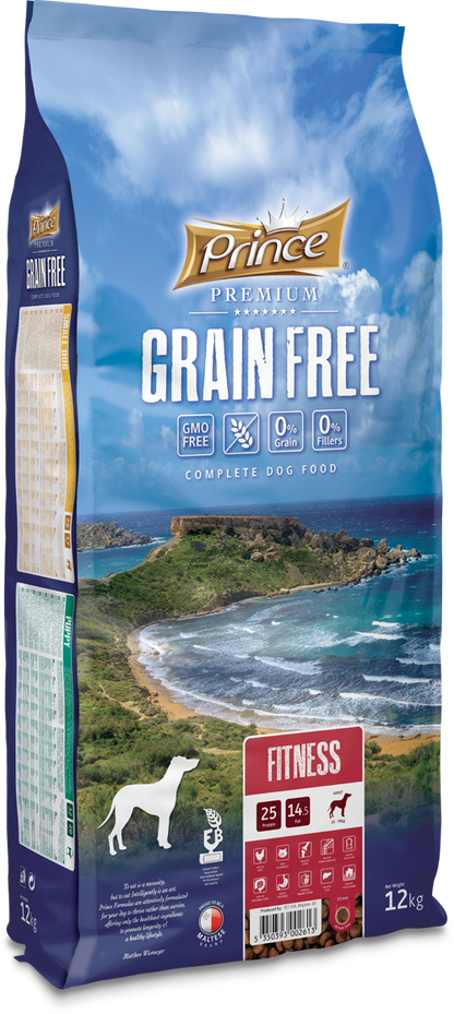 Беззърнени фитнес гранули с пилешко и сьомга за кучета PRINCE GRAIN FREE Fitness 4kg/12kg - за средни и едри породи