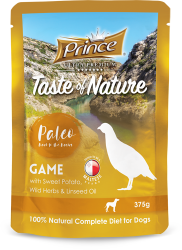 Пауч за кучета с дивеч със сладки картофи, диви билки и ленено масло PALEO GAME W/SWEET POTATO 375gr