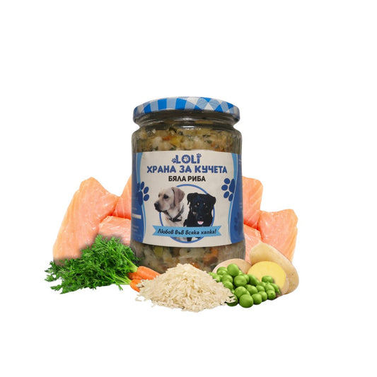 Домашна храна за кучета с Бяла Риба и Зеленчуци – LOLI буркан 500 г
