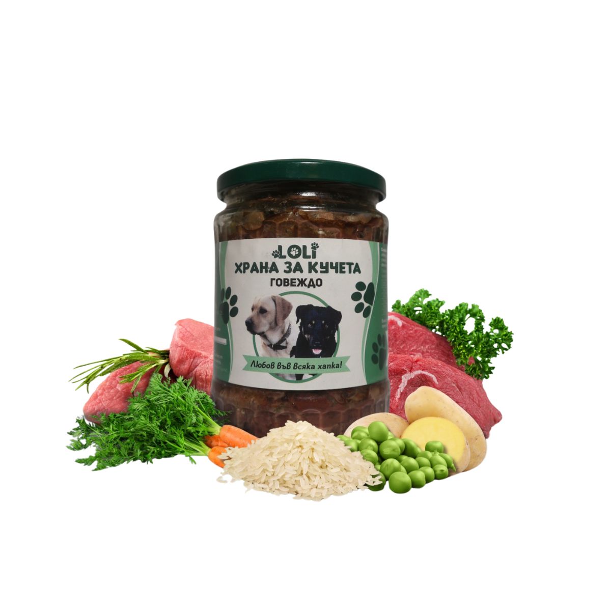 Домашна храна за кучета с Говеждо и Спанак – LOLI буркан 500 г