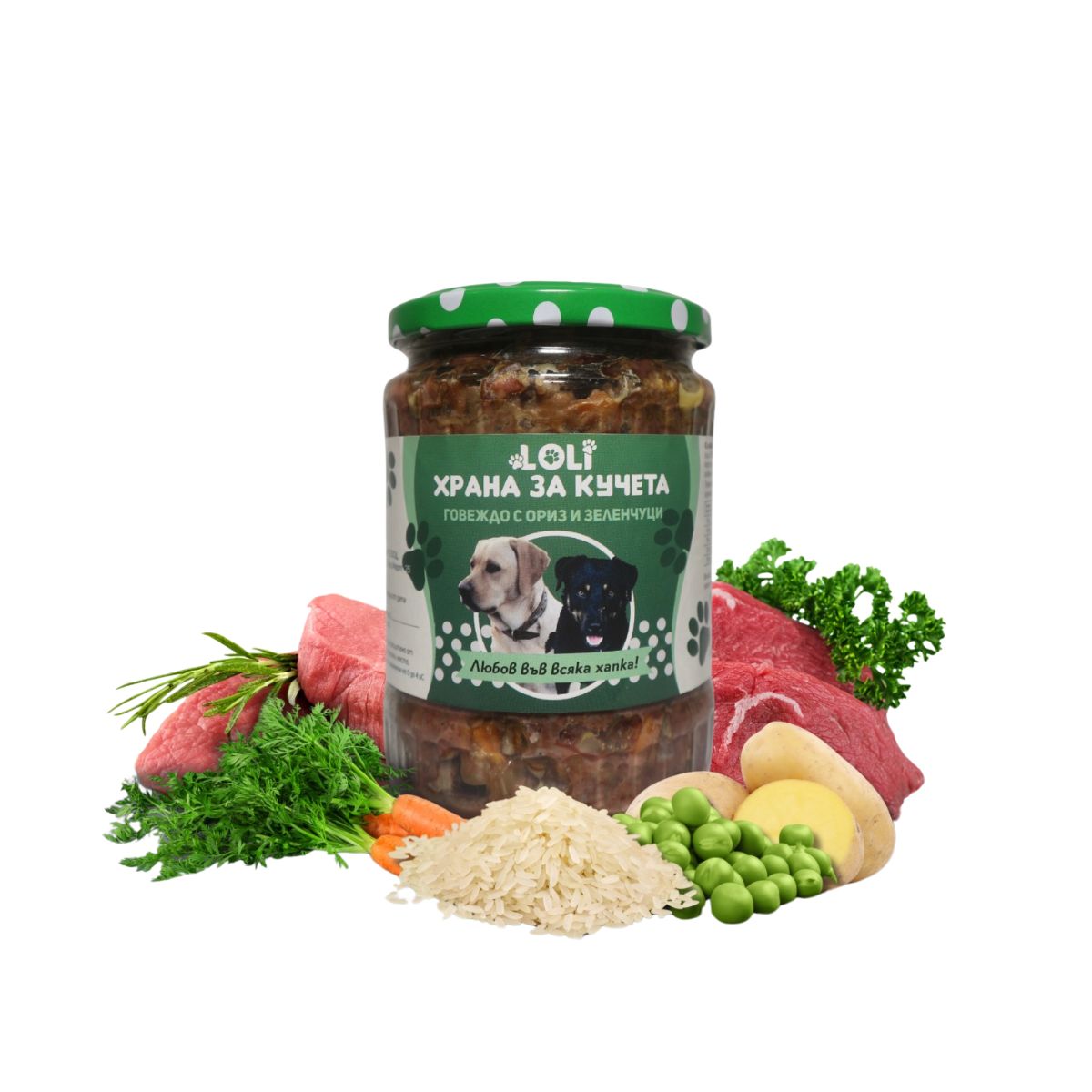 Домашна храна за кучета с Говеждо и Зеленчуци – LOLI буркан 500 г