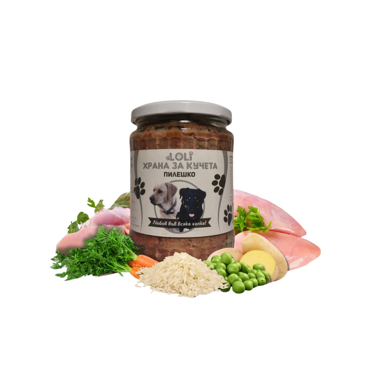 Домашна храна за кучета с Пилешко и Спанак – LOLI буркан 500 г