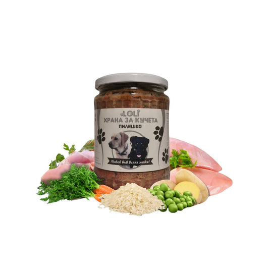 Домашна храна за кучета с Пилешко и Спанак – LOLI буркан 500 г