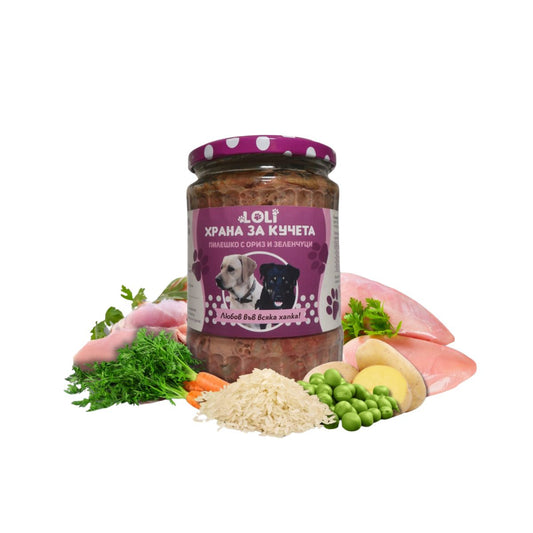 Домашна храна за кучета с Пилешко и Зеленчуци – LOLI буркан 500 г