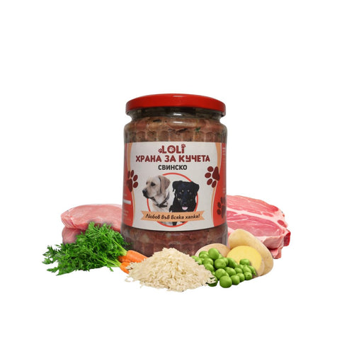 Домашна храна за кучета със Свинско и Спанак – LOLI буркан 500 г