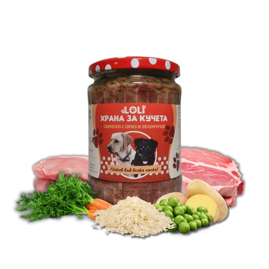 Домашна храна за кучета със Свинско и Зеленчуци – LOLI буркан 500 г